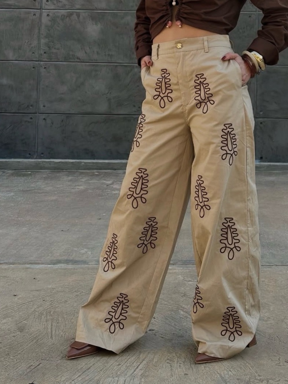 Wide Leg Embroidered Khaki Pants - Brand